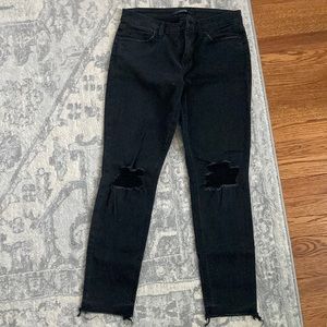 Joe’s jeans. Womens the icon ankle mid rise skinny black, size 28. Knees ripped